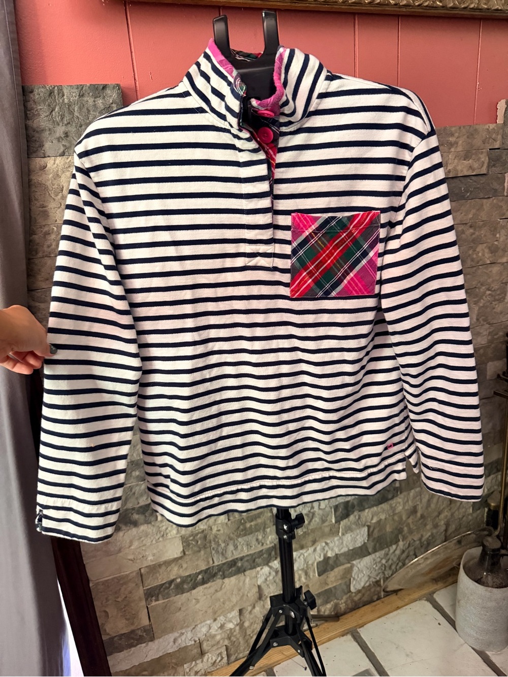 Crown&ivy Harper Sweater Quarter Button Pullover plaid Pocket Sweater